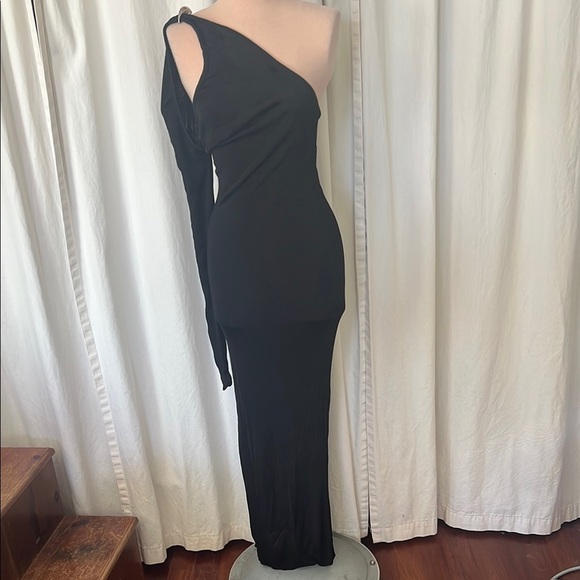 MNG mango Chic Black One sleeve Shoulder Dress asymmetrical knit maxi - Picture 1 of 12